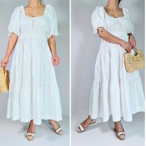 En Saison Poplin Puff-Sleeve Tiered Midi Dress in White
